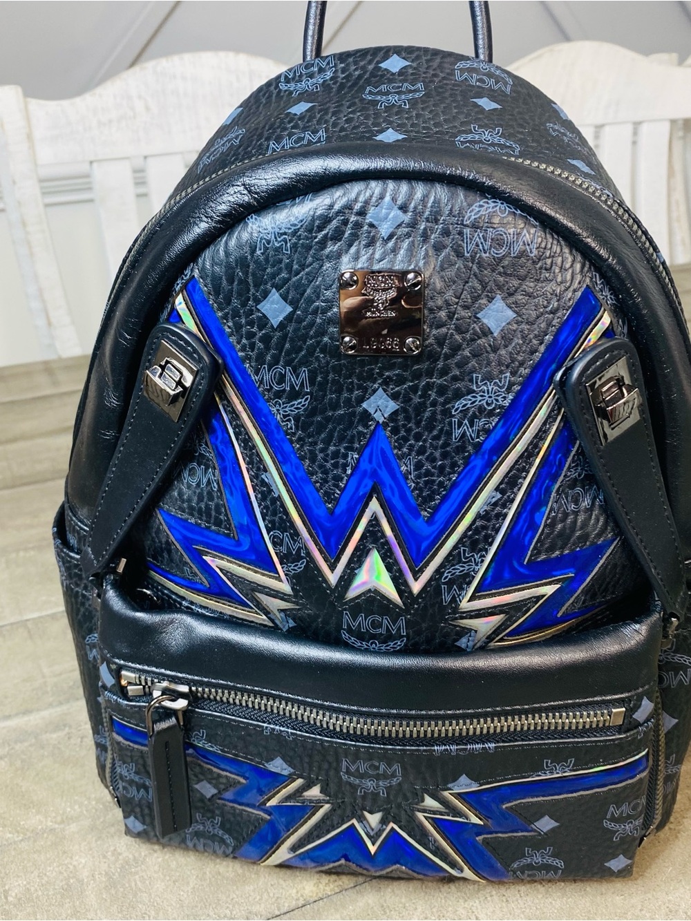 MCM Black Visetos Dual Stark Cyber Flash Backpack Blue Geometric - Picture 2 of 14
